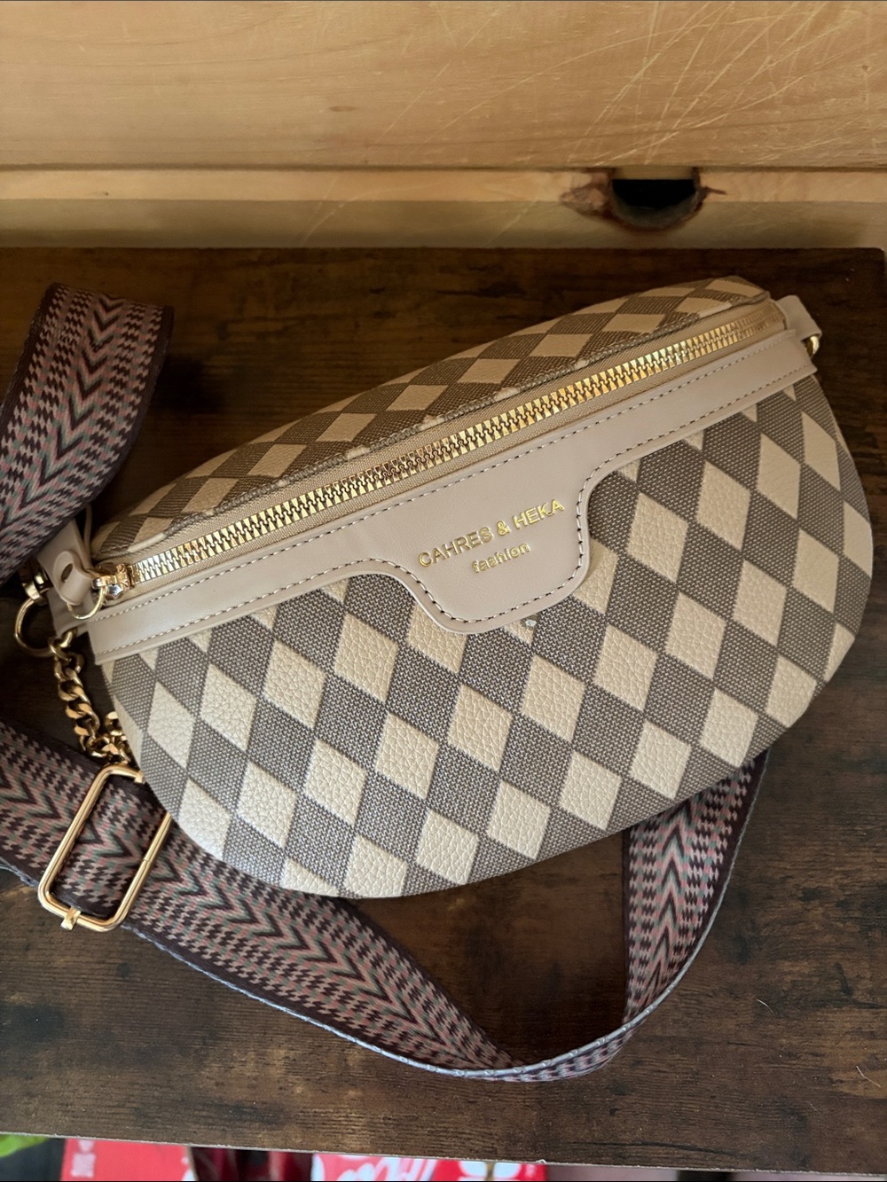 Beige Check Crossbody Belt Bag